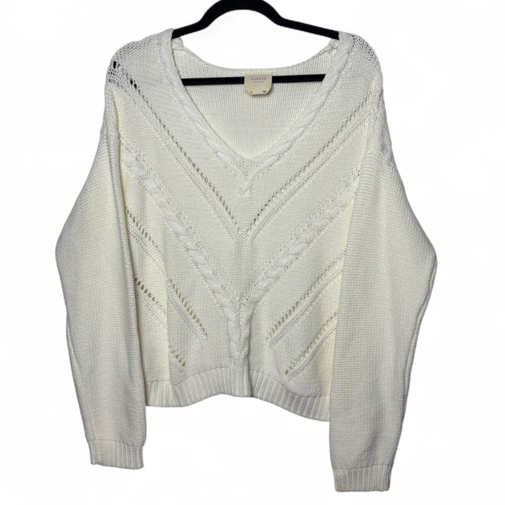 Harper Heritage Cream Knit Sweater Medium | Cable Knit V-Neck Pullover
